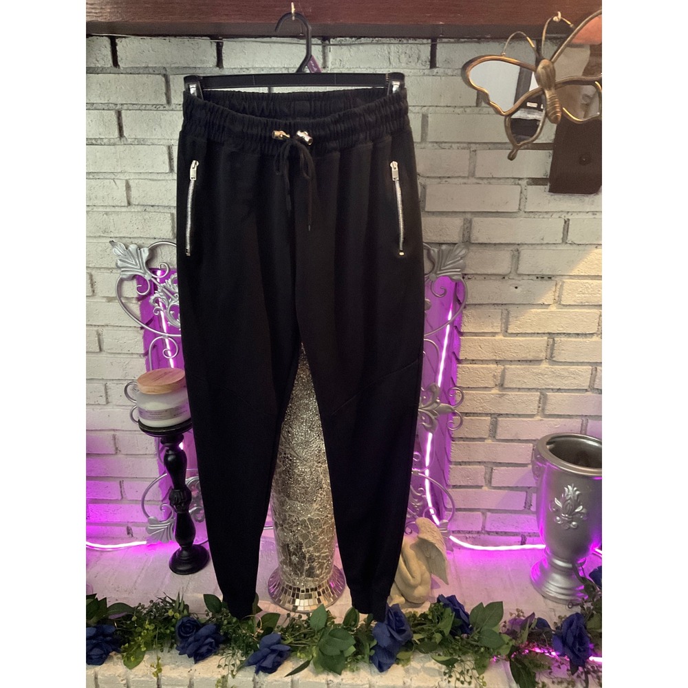 Encrypted Mens Black Jogger Pants Elastic Waist Drawstring Zipper Pockets Medium